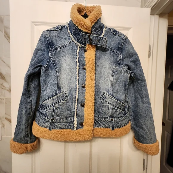 Free People Rylee Cozy Moto Sherpa Faux Fur Denim Jacket Womens - Picture 6 of 9